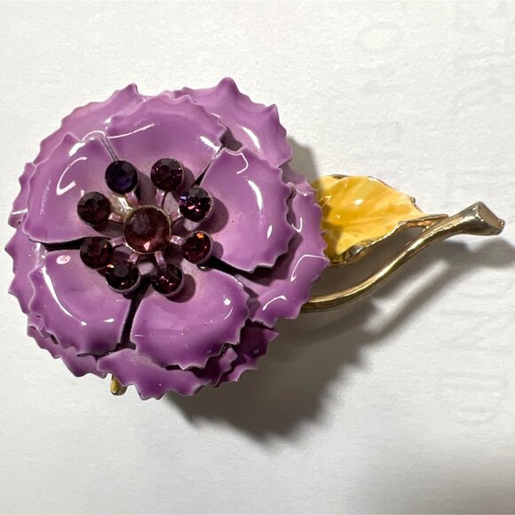Purple Floral Brooch Ruffled Lavender Enamel Glass Rhinestones Gilded Gold-Tone - Picture 2 of 13
